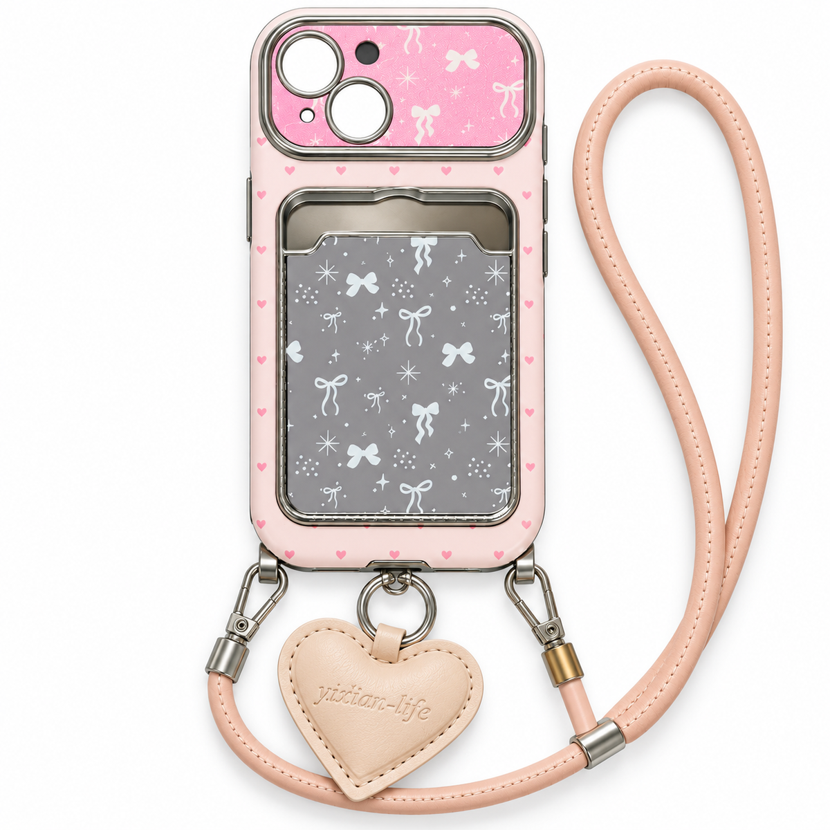 Pink Bow Mirror Card Case with Heart Charm