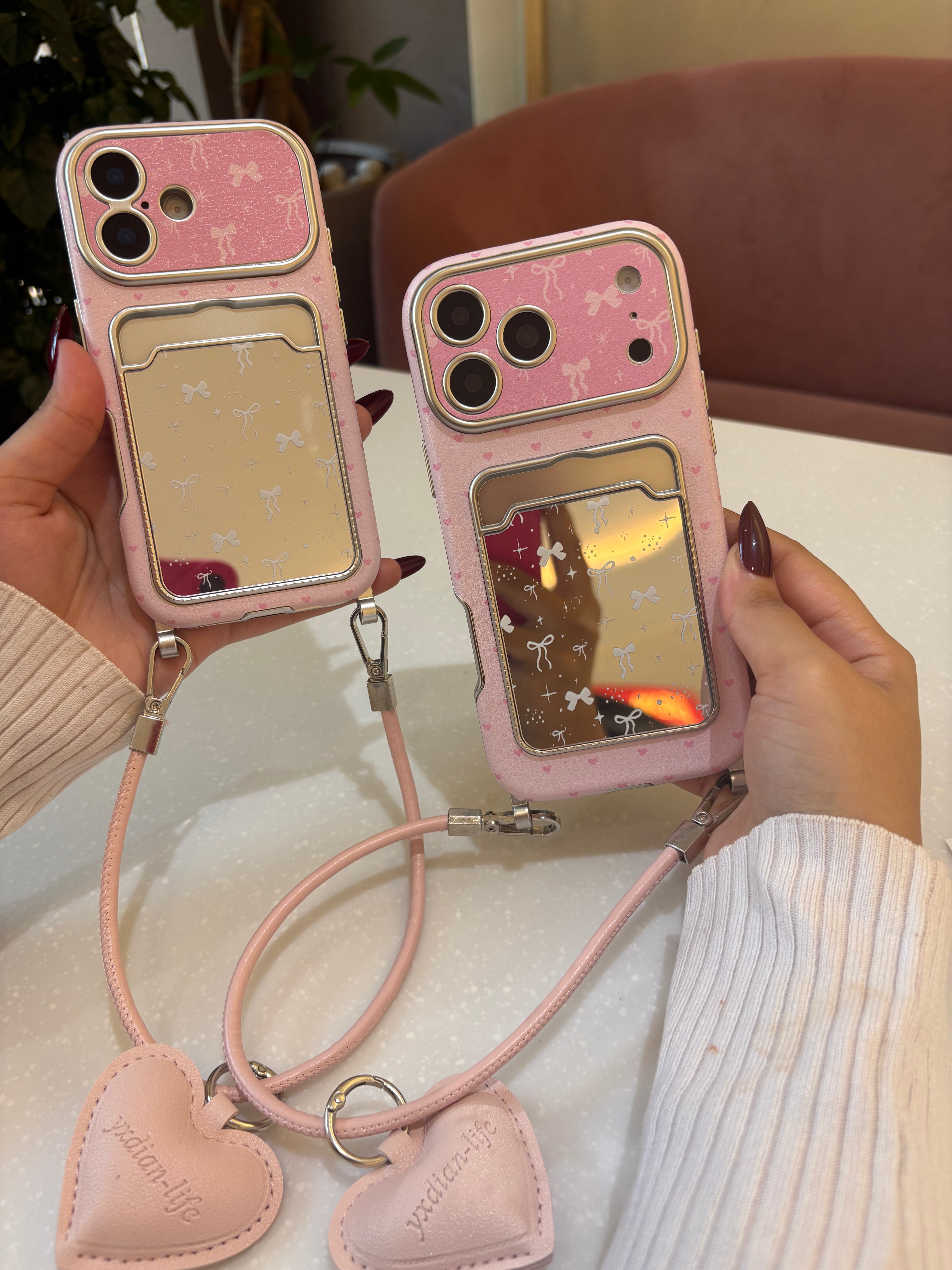 Pink Bow Mirror Card Case with Heart Charm