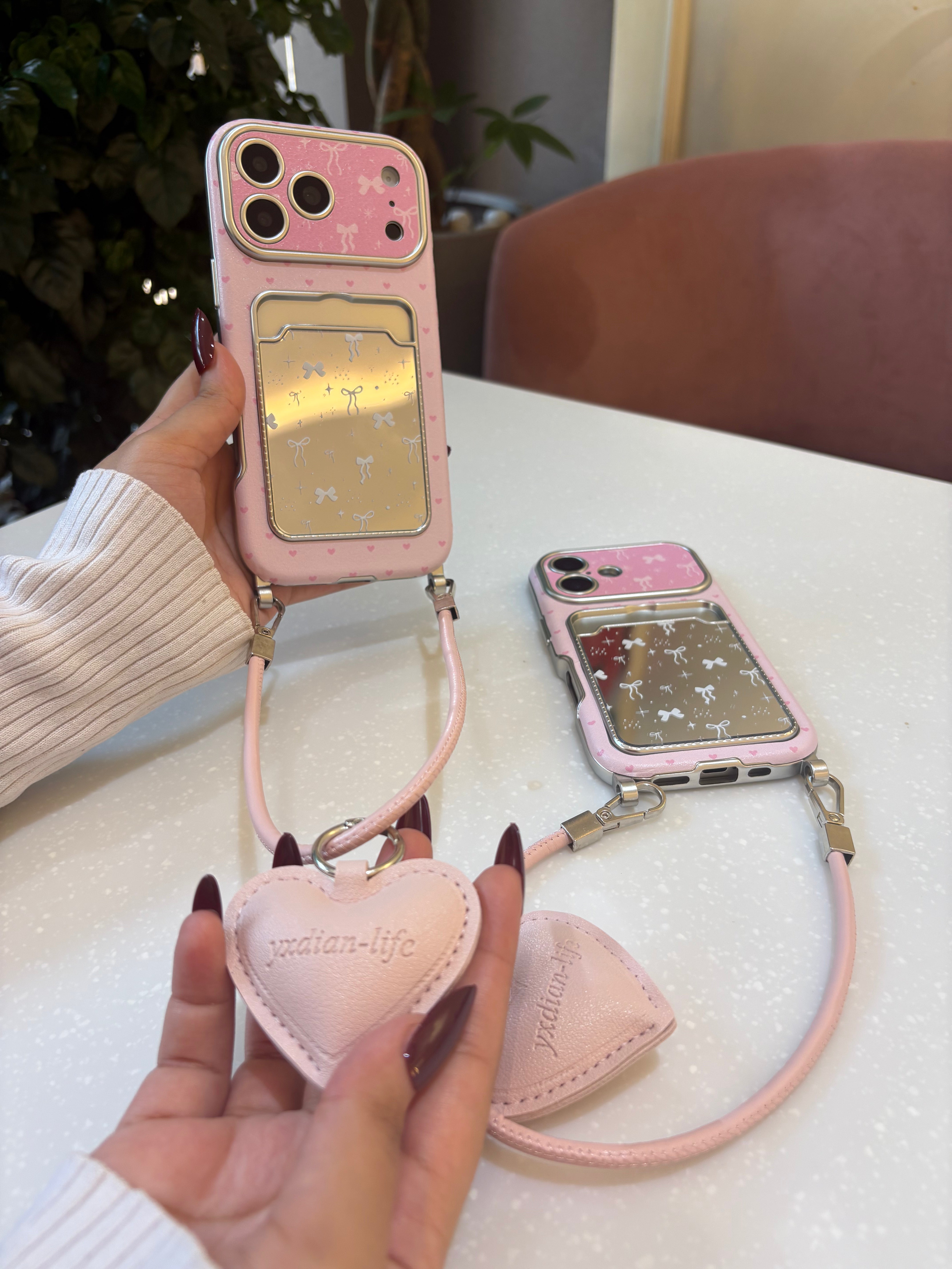 Pink Bow Mirror Card Case with Heart Charm